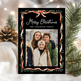 Elegant Red Ribbon och Greenery Black 2 Photo Julkort