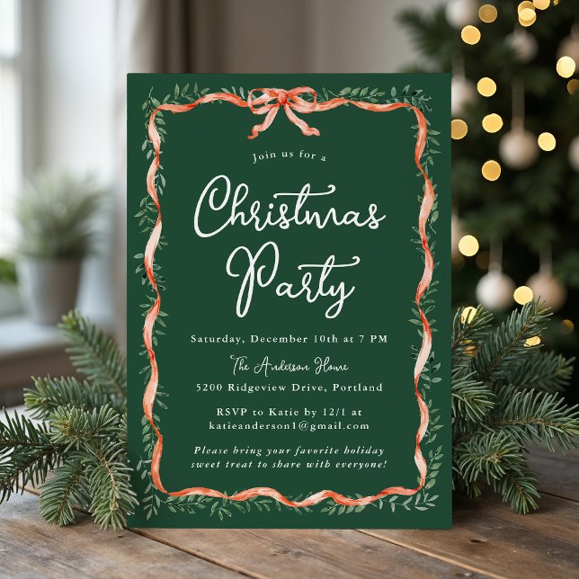 Elegant Red Ribbon och Greenery jul Party Inbjudningar (Skapare uppladdad)
