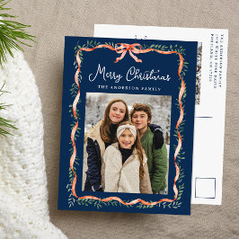 Elegant Red Ribbon och Greenery Navy 2 Photo Helg Vykort