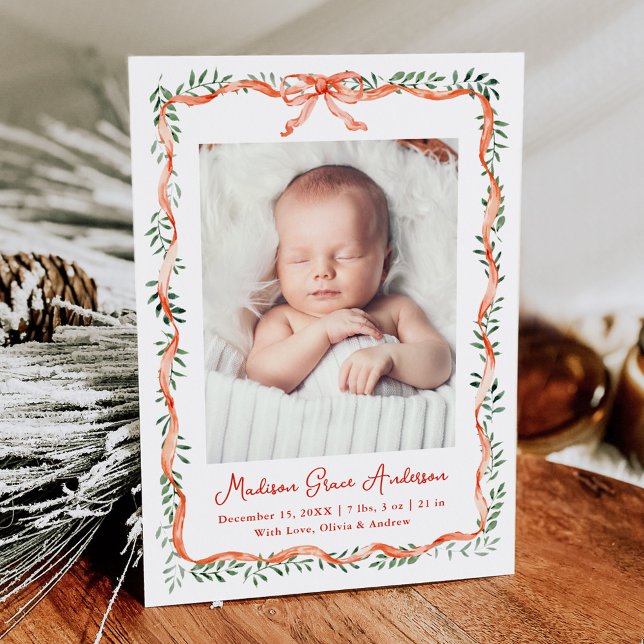 Elegant Red Ribbon och Greenery Photo Birth Meddelande (Skapare uppladdad)