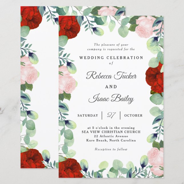 Elegant Red  Ro Greenery Wedding bjudande in (Fram/baksida)