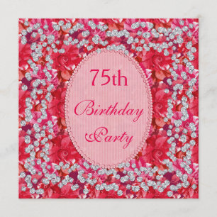 Elegant Red/Rosa Blommigt & Diamonds 75:e Birthday Inbjudningar
