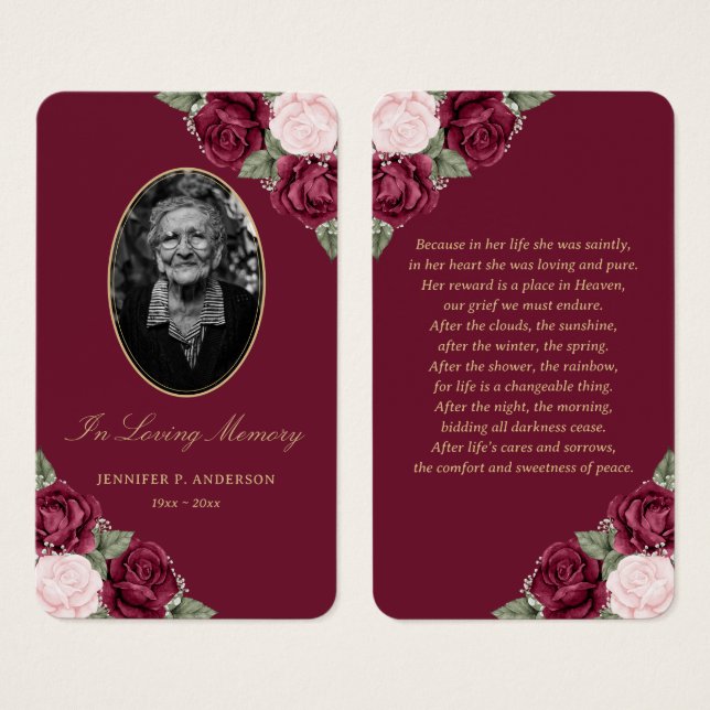 Elegant Red Rosa Blommigt Funeral Prayer Card Visitkort (Framsida & baksida)