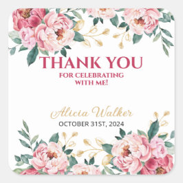 Elegant Red Rosa Peony Flower Guld Löv Fyrkantigt Klistermärke