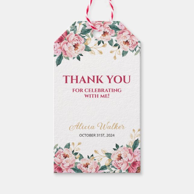 Elegant Red Rosa Peony Flower Guld Löv Presentetikett (Framsidan)