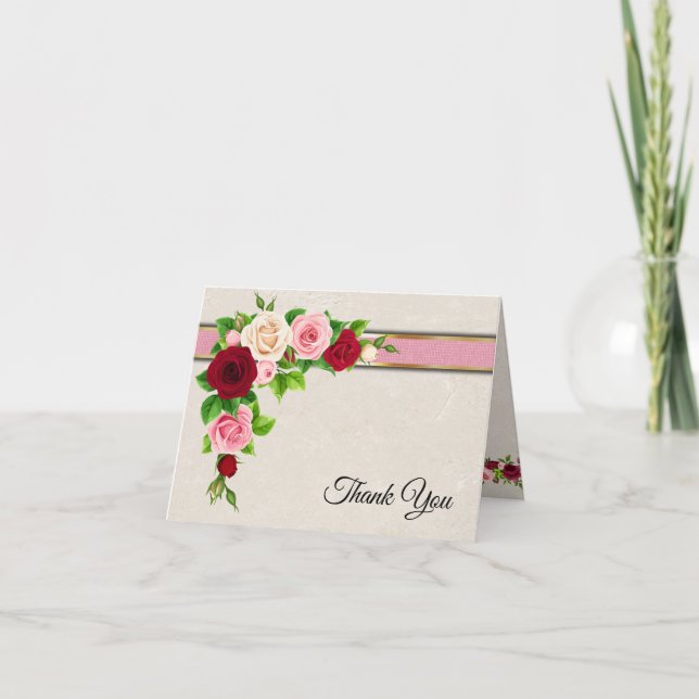 Elegant Red & Rosa ros med Guld Bröllop Tack Kort (Framsida)