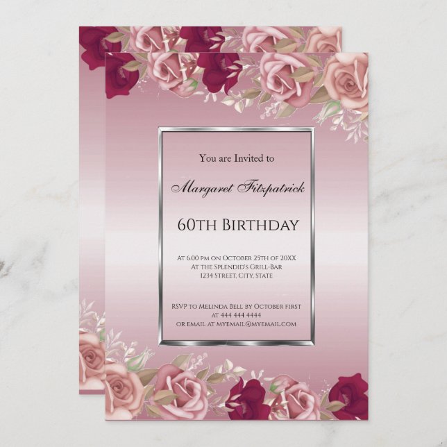 Elegant Red Rosa ros Rosa Birthday Inbjudningar (Fram/baksida)