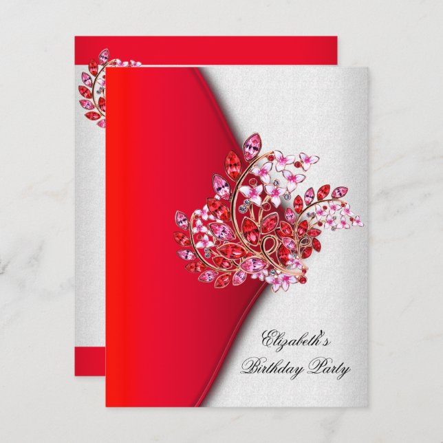 Elegant Red Rosa White Jewel Födelsedagsfest Inbjudningar (Fram/baksida)