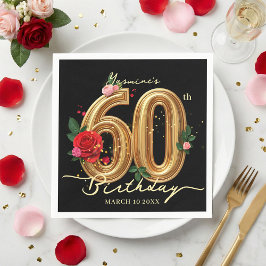 Elegant Red Rose Black and Gold 60th Birthday Pappersservett