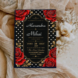 Elegant Red Rose Black and Gold Floral Polka Dot Inbjudningar