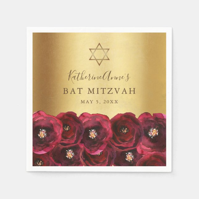 Elegant Red Rose Floral Gold Bat Mitzvah Pappersservett (Framsidan)