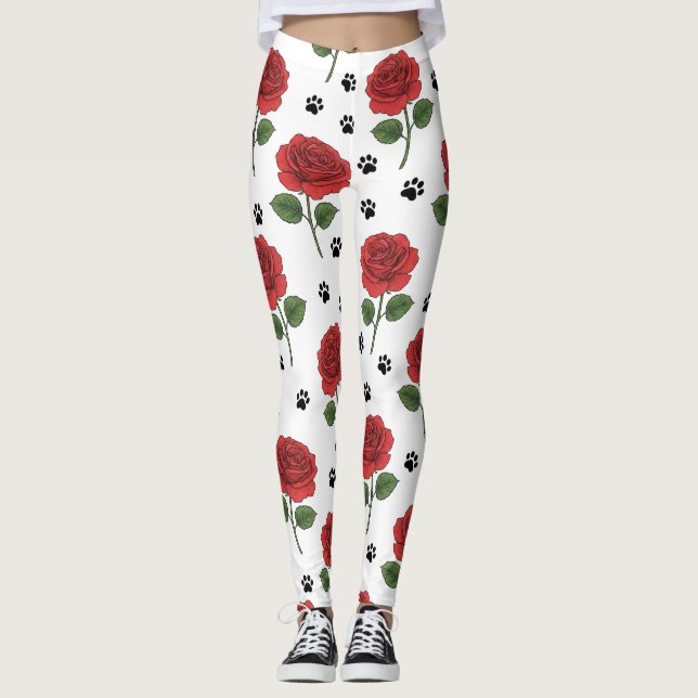 Elegant Red Rose & Playful Paw Print Leggings (Framsida)