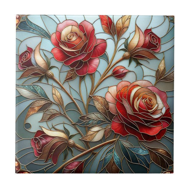 Elegant Red Rose Stained Glass Floral Gold Accent  Kakelplatta (Framsidan)