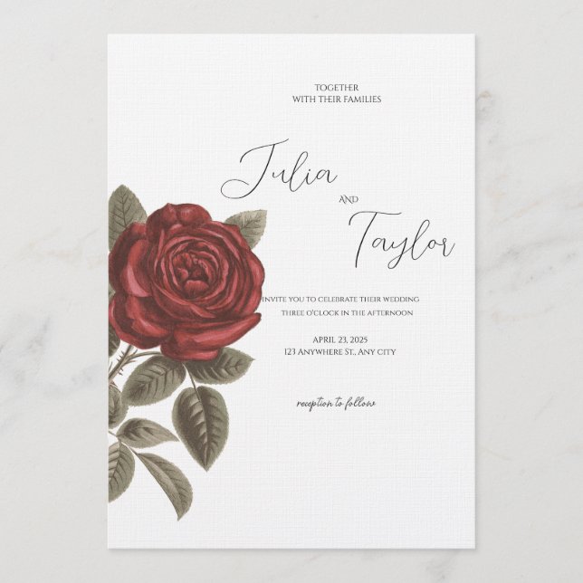 Elegant Red Rose Wedding Invitation Inbjudningar (Framsida)