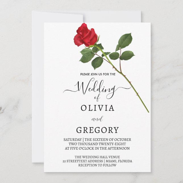 Elegant Red Rose wedding Invitation Inbjudningar (Framsida)