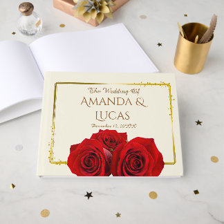 Elegant Red Roses and Gold Frame Cream Wedding Gästböcker