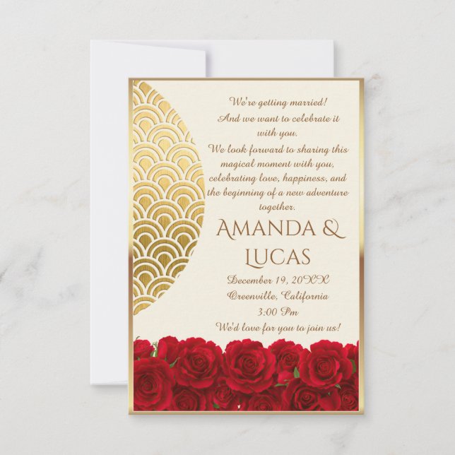 Elegant Red Roses and Gold Frame Cream Wedding Inbjudningar (Framsida)