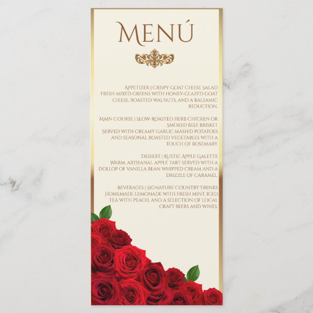 Elegant Red Roses and Gold Frame Cream Wedding Meny (Framsida)