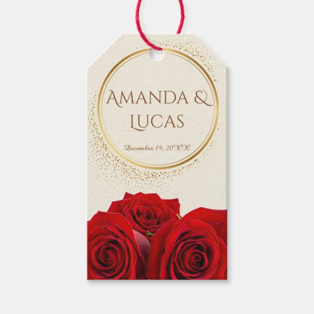Elegant Red Roses and Gold Frame Cream Wedding  Presentetikett (Framsidan)