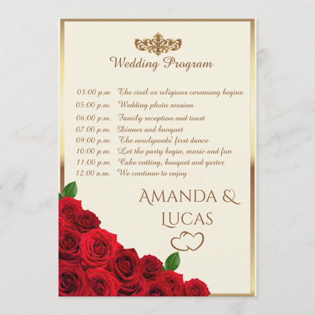 Elegant Red Roses and Gold Frame Cream Wedding Program (Framsida)