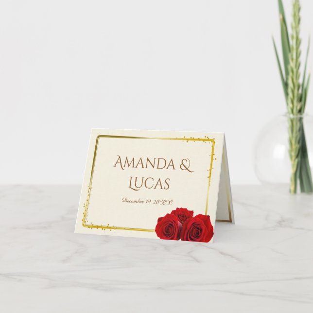 Elegant Red Roses and Gold Frame Cream Wedding Tack Kort (Framsida)