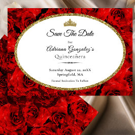 Elegant Red Roses and Gold Quinceanera Spara Datumet