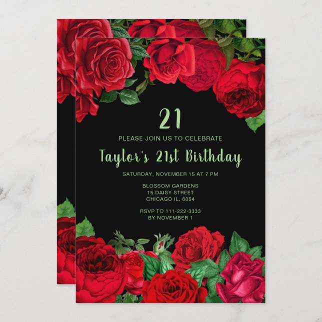 Elegant Red Roses Flowers Birthday Party Inbjudningar (Fram/baksida)