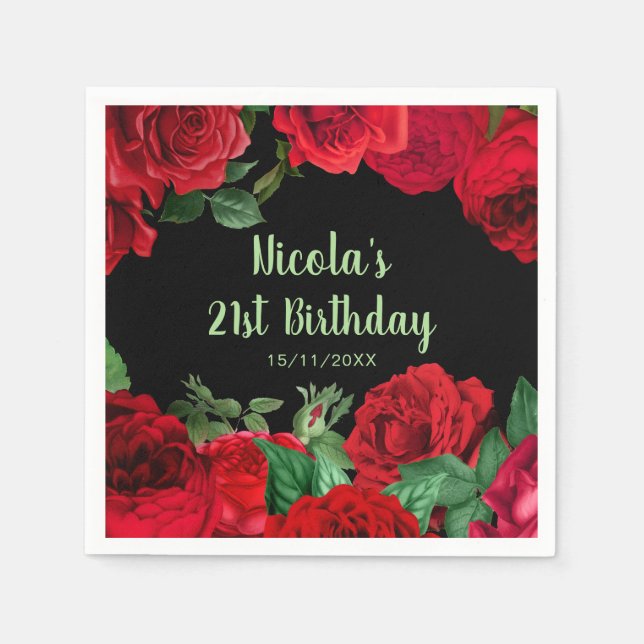 Elegant Red Roses Flowers Birthday Party Pappersservett (Framsidan)