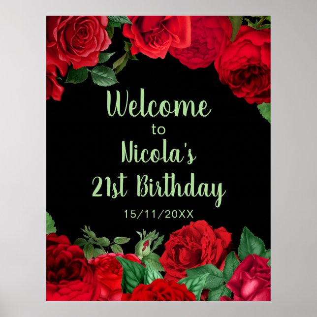 Elegant Red Roses Flowers Birthday Party Poster (Framsidan)