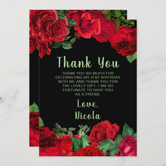 Elegant Red Roses Flowers Birthday Party Tack Kort (Fram/baksida)