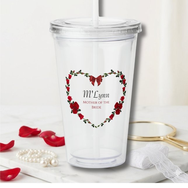 Elegant Red Roses Mother of Bride Gift Take Away Mugg (Romantic Red Rose Heart Mother of the Bride Personalized Wedding Keepsake Tumbler)
