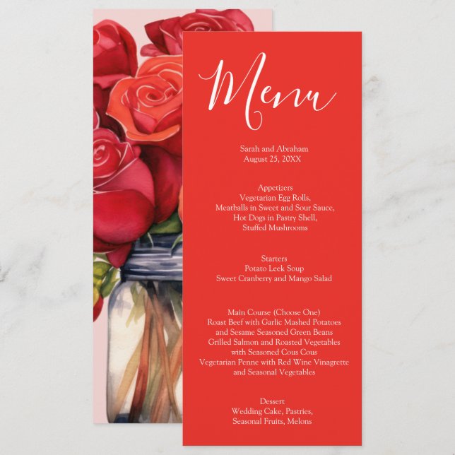 Elegant Red Roses Wedding Menu Meny (Fram/baksida)