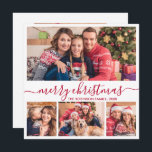 Elegant Red Script 4 Photo Collage jul Julkort<br><div class="desc">Modern Minimalistisk Elegant Vitt och Rött "God jul"-skript 4 fotosamlingskort för Helgdag. Den här snygga, vismliknande, fyra (4) fotokortsmallen har en söt fotokollage och säger "God jul"! Texten "God jul" hälsning är skriven i ett vackert handskrivet, snabbt och rostiskt svan-typsteckensnitt eller typografi i rött på vit färg-bakgrund. På motsatt sida...</div>
