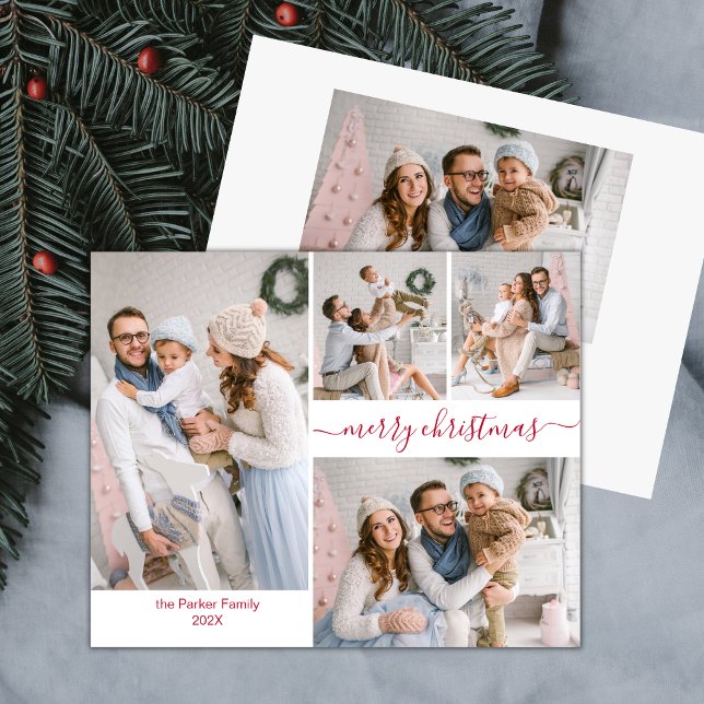 Elegant Red Script 5 Photo Collage julkort (Skapare uppladdad)