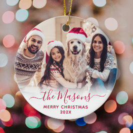 Elegant Red Script Family Photo God jul Julgransprydnad Keramik