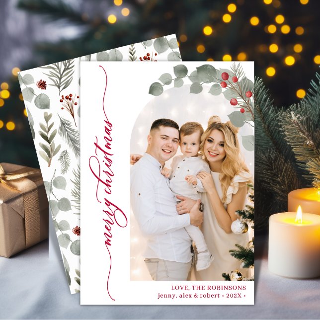 Elegant Red Script Foliage Photo Arch-jul Julkort (Skapare uppladdad)