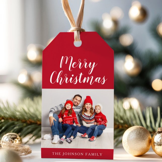Elegant Red Script-julfoto Presentetikett (Elegant Red Script Christmas Photo Gift Tags)