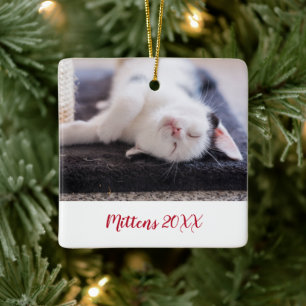 Elegant Red Script Pet Cat Photo Modern Julgransprydnad Keramik