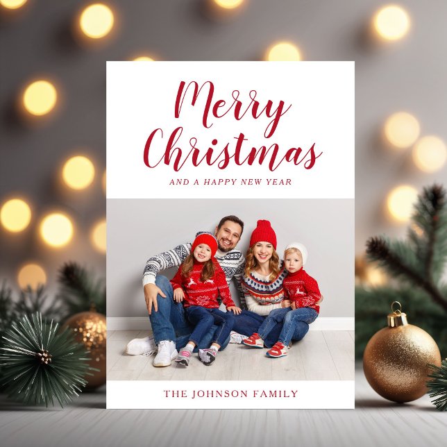 Elegant Red Script Photo Jul Julkort (Elegant Red Script Photo Christmas Holiday Card)
