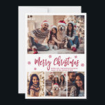 Elegant Red Script Snowflake 4 Photo jul Julkort<br><div class="desc">Elegant, Modern Red Script 4 Photo Collage jul-Helgdag Card. Den här sjutna, imimalistiska, fyra (4) fotokortsmallen innehåller en söt fotokollage, en snowflake och säger God jul! Texten "God jul" hälsning är skriven i ett vackert, finstilt kalligrafi (eller typografi) av penselns kalligrafi i rött på vit bakgrund. På motsatt sida med...</div>