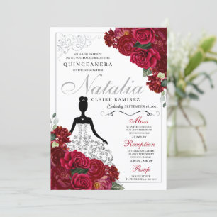 Elegant Red & Silver Blommigt Quinceanera Birthday Inbjudningar