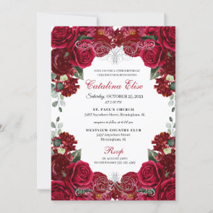 Elegant Red & Silver Blommigt Quinceanera Birthday Inbjudningar