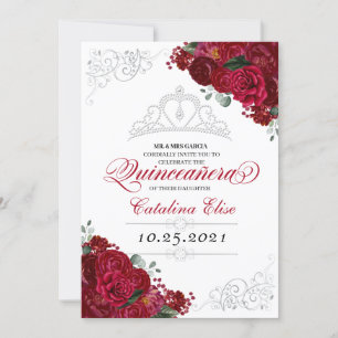Elegant Red & Silver Blommigt Quinceanera Birthday Inbjudningar