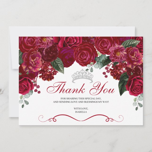 Elegant Red & Silver Blommigt Quinceanera Tack Kort (Framsida)