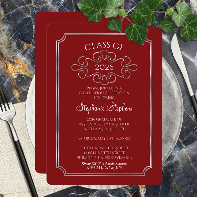 Elegant Red | Silver College Graduation Party Inbjudningar (Elegant and Classy Formal Red and Silver Tone College Graduation Party Invitation - Print | Digital)