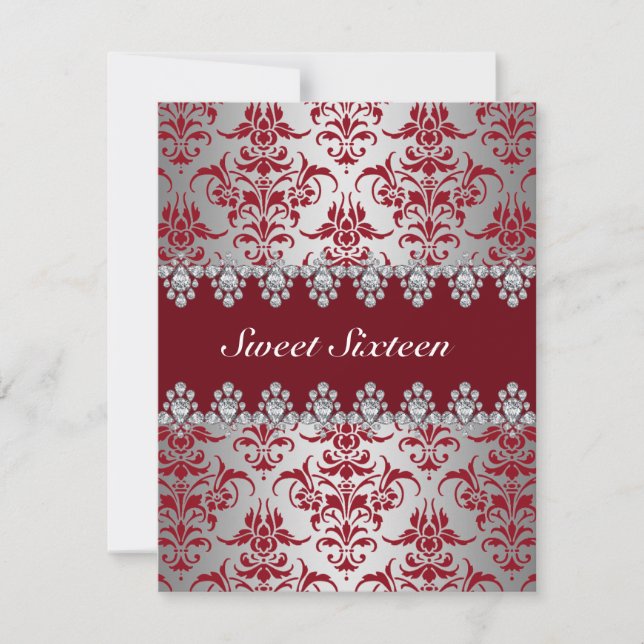 Elegant Red & Silver Damask Sweet16 Inbjudan (Framsida)