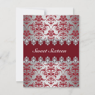 Elegant Red & Silver Damask Sweet16 Inbjudan