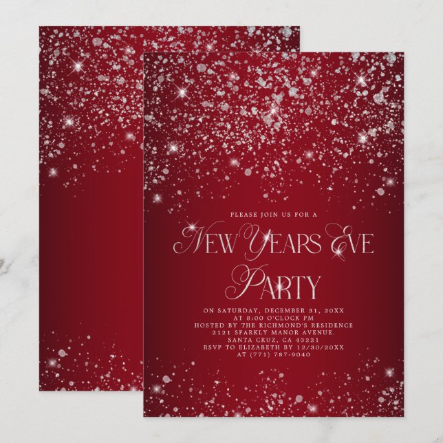 Elegant Red Silver Glitter Nyårsafton Party Inbjudningar (Fram/baksida)