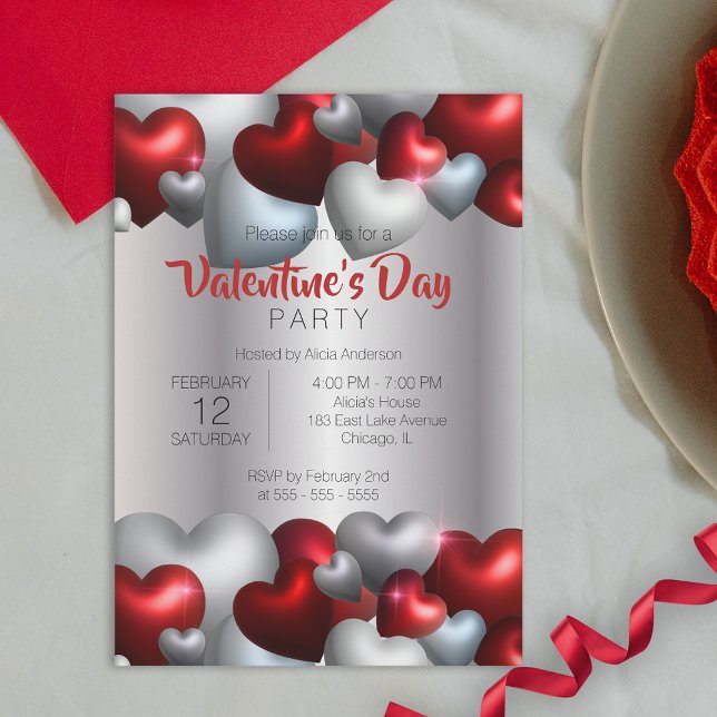 Elegant Red Silver Hearts Valentine Day Party Inbjudningar (Skapare uppladdad)