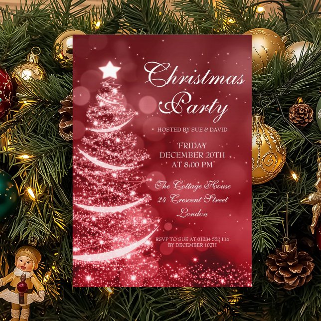 Elegant Red & Silver jul Party Gnistra Inbjudningar (Elegant Red & Silver Christmas Party Sparkle Invitation)